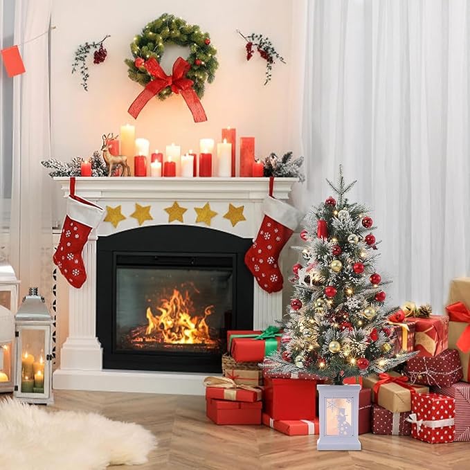 3FT Prelit Artificial Christmas Tree with Lights, 3 Foot Artificial Christmas Tree with Snowflake Base, 78 LED Prelit Christmas Tree, Battery Operated, Timer, Easy Assembly, Winter Holiday Decor