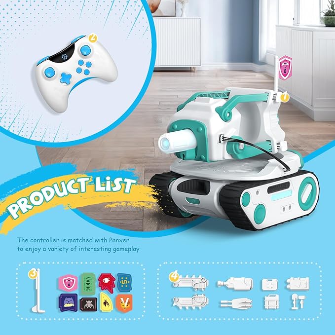 Panxer - RC Battle Tank Compatible with Eilik Robots Blue/Pink/DQ/Sliver, Crawler Car Toys with LED Lights and 2.4Ghz Remote Control, Single and Multi-Player Party Play Mode, Excluding Eilik Robot.