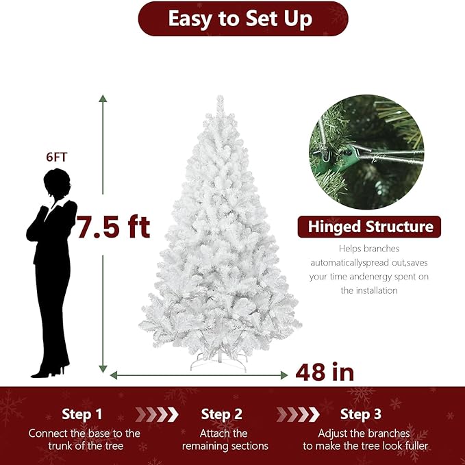 7.5ft White Christmas Tree with 1200 Steel Branch Tip,Unlit Premium Full Hinged Spruce Christmas Tree with Foldable Base, Artificial Xmas Tree for Easy Holiday Setup