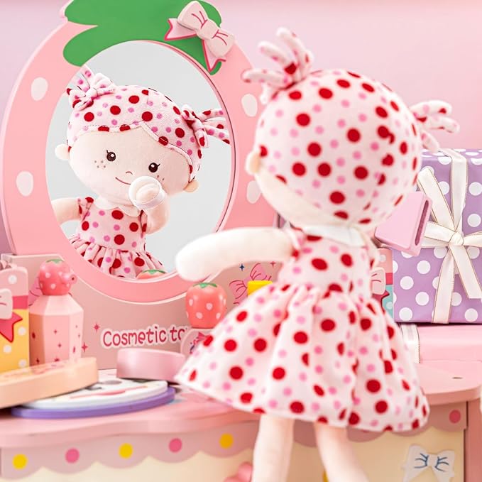 Onetoo First Baby Doll Soft Baby Doll for Girls Plush Rag Doll Sleeping Cuddle Buddy Doll Wear Pink Dress Red Polka Dot 14"