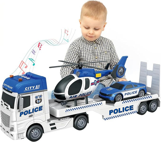 3-in-1 Police Truck Toys for Kids Ages 3-6 - Inertia Semi Trailer with Racing Car & Helicopter, Light and Sound Play Vehicles