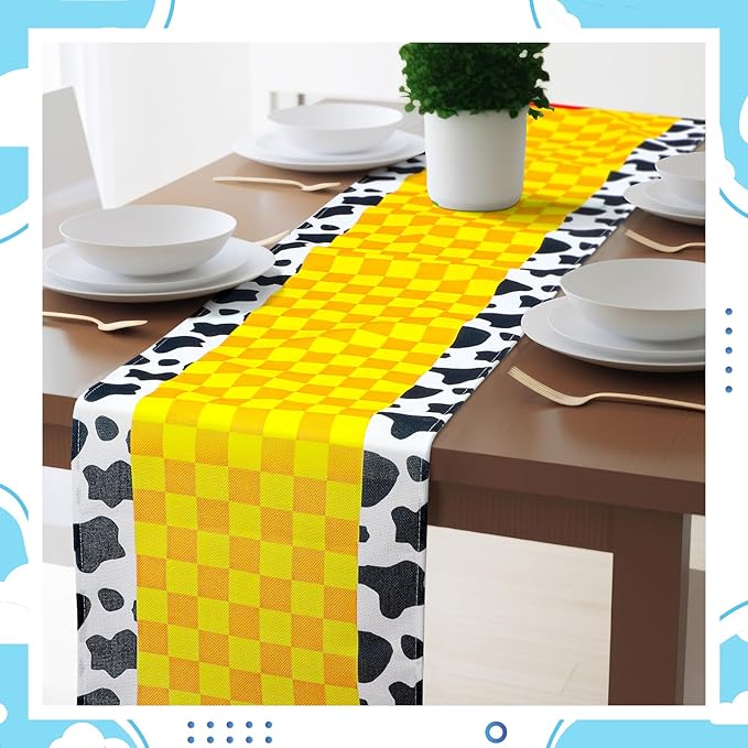 4 Pcs Cartoon Table Runner Cartoon Birthday Party Supplies Cow Pattern Printed Check Table Decor Tablecloth Party Supplies,13 x 72 in (Classic)