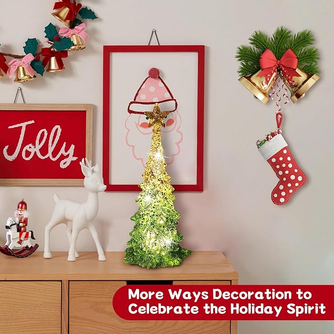 11 Inch Tabletop Christmas Tree with Sparkling Glitter - Battery Operated Acrylic Lighted Christmas Tree for Home Office Fireplace Christmas Holiday Decoration Festive Decor Gift, White Glow