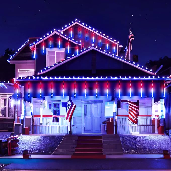 4th of July Decorations Outdoor, 12 Inch Red White and Blue Meteor Shower Lights for Independence/National/Memorial Day, LED Christmas Lights Outdoor for Yard Garden Tree Holiday Party