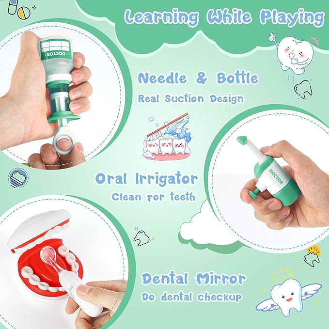 Doctor Kit for Toddlers 3-5, 28 Pcs Kids Dentist Play Set for Girls Boys Gift, Pretend Play Medical Kit with Chair, Dental Tools, Cute Doll, Kids Role Play Dentist Gift for Birthday Christmas(Green)