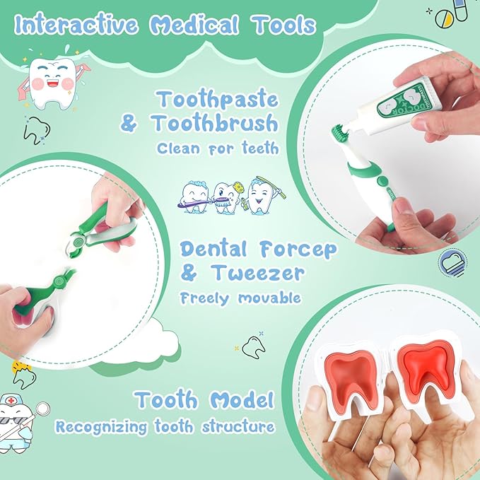 Doctor Kit for Toddlers 3-5, 28 Pcs Kids Dentist Play Set for Girls Boys Gift, Pretend Play Medical Kit with Chair, Dental Tools, Cute Doll, Kids Role Play Dentist Gift for Birthday Christmas(Green)