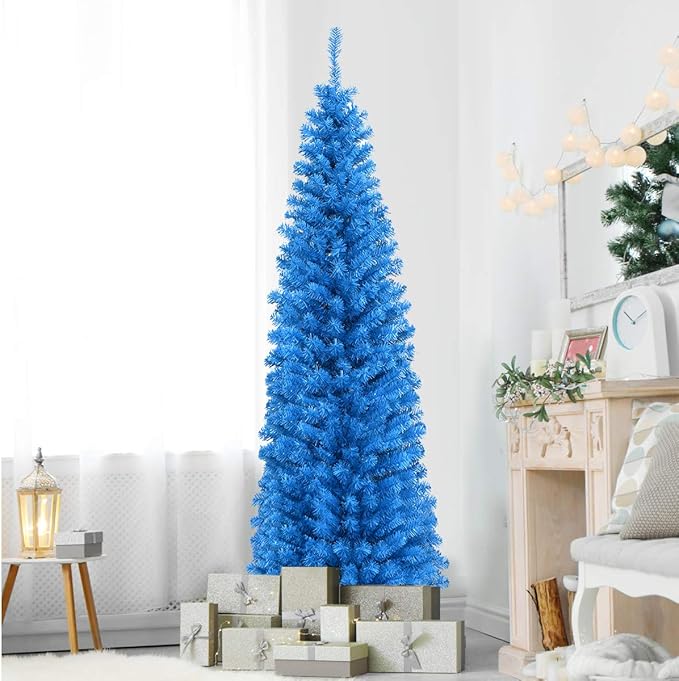 HAPPYGRILL 6 Feet Blue Pencil Christmas Tree Artificial Slim Christmas Tree Skinny Xmas Tree with Metal Stand, Realistic Unlit Pine Tree with 520 Branch Tips for Indoor Outdoor