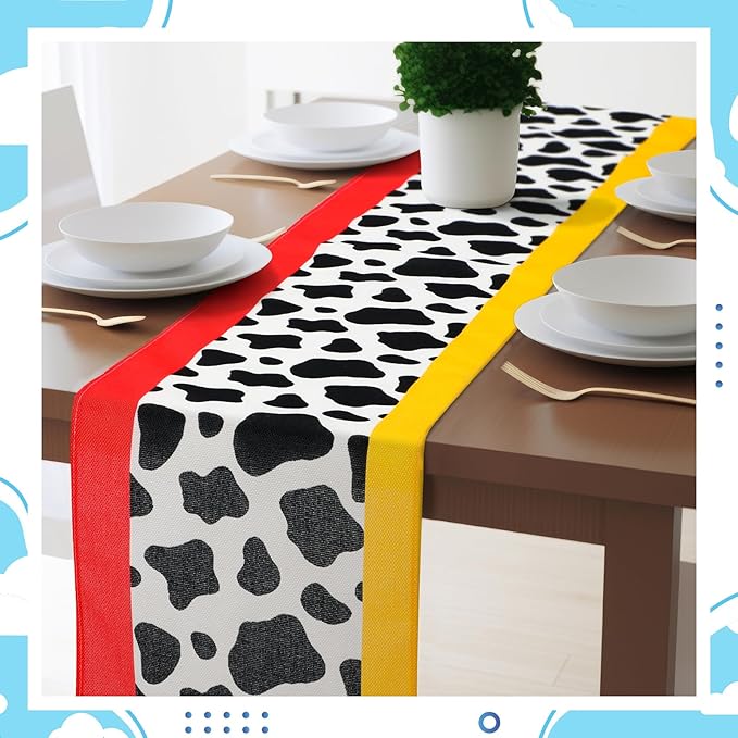 2 Pcs Cartoon Table Runner Cartoon Birthday Party Supplies Cow Pattern Printed Check Table Decor Tablecloth Party Supplies,13 x 72 in (Fresh)