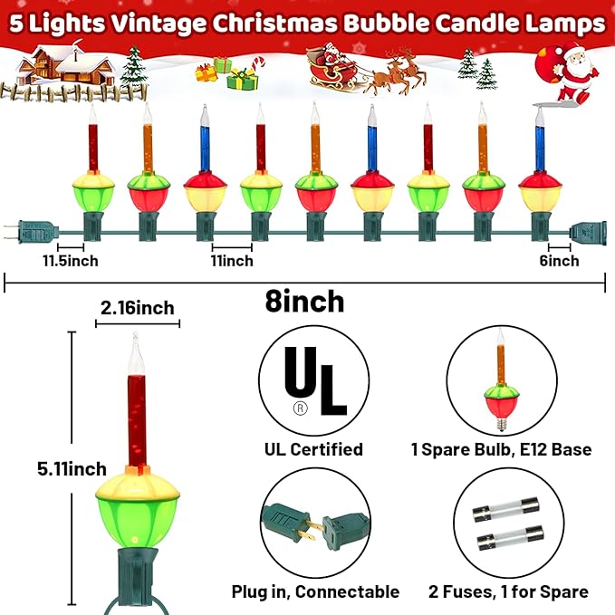 8.8 Feet Vintage Christmas Bubble Lights with 10 Bubbling Bulbs(1 Spare), Multicolor Vintage Bubble Christmas Lights Waterproof for Holiday Decorations for Trees Porch Home, E12 Base, 5 Watt