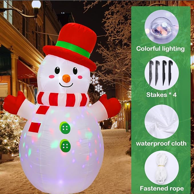 Peyton 6FT Inflatable Snowman Outdoor Decorations, Blow up Snowman Inflatable with Rotating Built-in LED Light, Christmas Inflatable Yard Decoration Indoor and Outdoor.