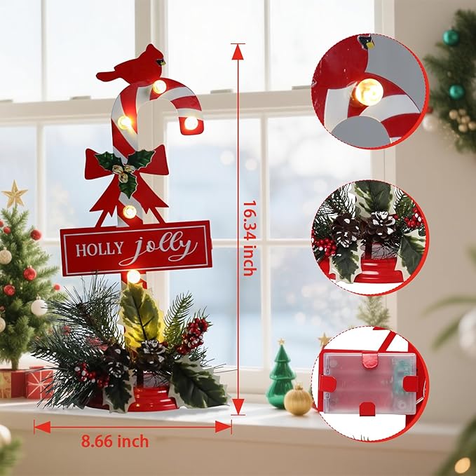 Metal Merry Christmas Sign with LED Light Battery Operated with Timer Christmas Signs with Base Xmas Holiday Decorations table Indoor Display Decor Joy Small