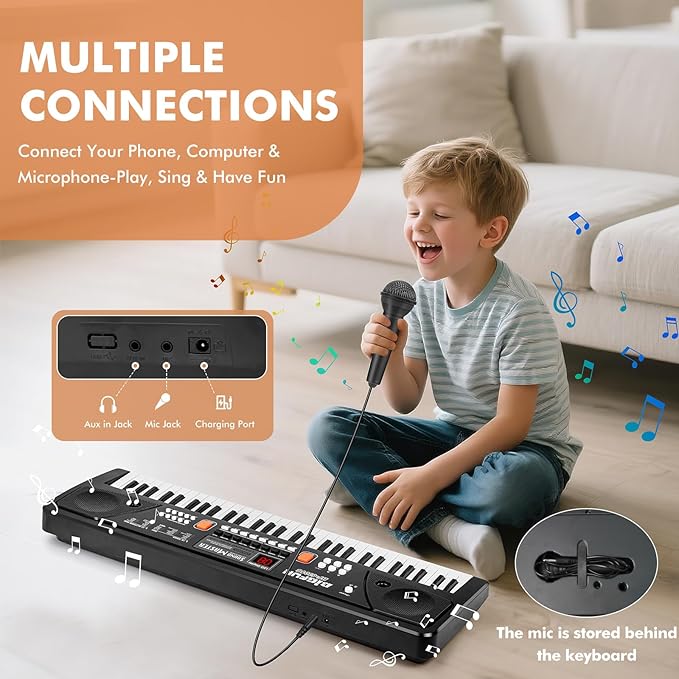 61-Key Kids Piano Keyboard for Beginners - Rechargeable Electronic Music Toy Piano with Music Stand Microphone LED Display AUX in - Birthday for 3-9 Year Old Boys Girls (Black)
