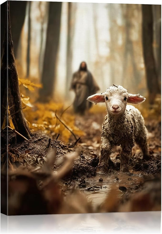 AbcCustomize Jesus Running After Lost Lamb Christian Wall Decor, Religious Wall Decor for Home, Jesus Wall Art Canvas Prints Ready to Hang, Inspirational Christian Art for Prayer Room, Baptism Gift