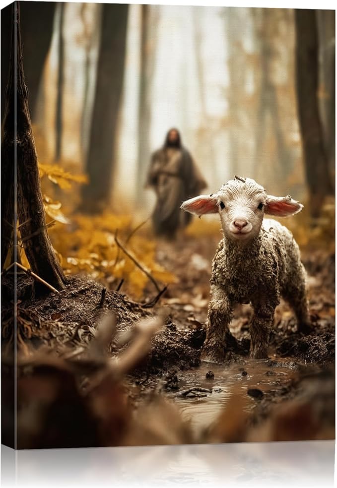 AbcCustomize Jesus Running After Lost Lamb Christian Wall Decor, Religious Wall Decor for Home, Jesus Wall Art Canvas Prints Ready to Hang, Inspirational Christian Art for Prayer Room, Baptism Gift