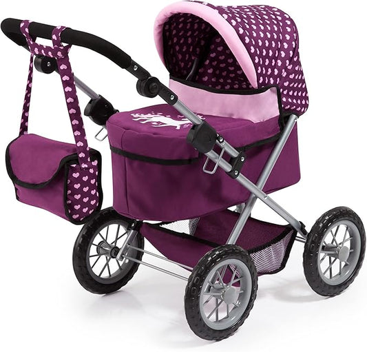 Bayer Design Dolls: Trendy Pram - Burgundy, Pink, Hearts - Includes Shoulder Bag, Fits Dolls Up to 18", Adjustable Handle, Kids Pretend Play, Shopping Basket, Easy to Fold, Ages 3+