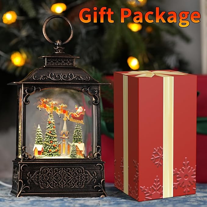 Christmas Snow Globe with Santa & Flying Reindeer Sleigh Church Sence, Light Up Christmas Snow Globes with Music Timer - Glitter Globe Indoor Christmas Decorations