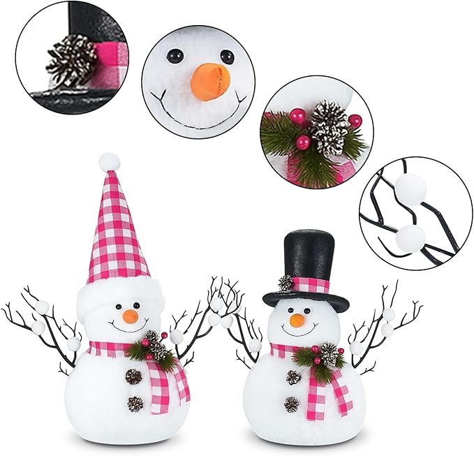 2 Pack Pink Christmas Decor, 14" Lighted Plush Snowmen Christmas Trees with Pine Cone Twigs, Light Up Snowman Holiday Present, Xmas Party Gifts Tabletop Ornaments (Pink and White)