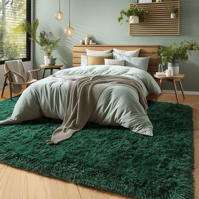 PAGISOFE Fluffy Shag Area Rug for Living Room, 5x8 Ft, Fluffy Shag Fuzzy Carpet Shaggy Rugs for Boys Bedroom, Soft Fuzzy Emerald Green Rugs for Kids Boys Baby's Room Decor Aesthetic, Dark Green
