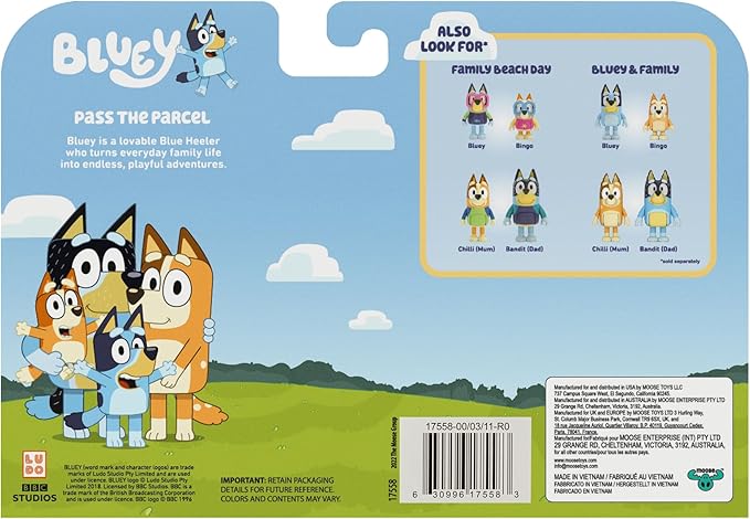 Bluey Figure 4-Pack, Pass The Parcel 2.5-3 inch, Bingo, Lucky's Dad and Lila Character Figures with Accessories