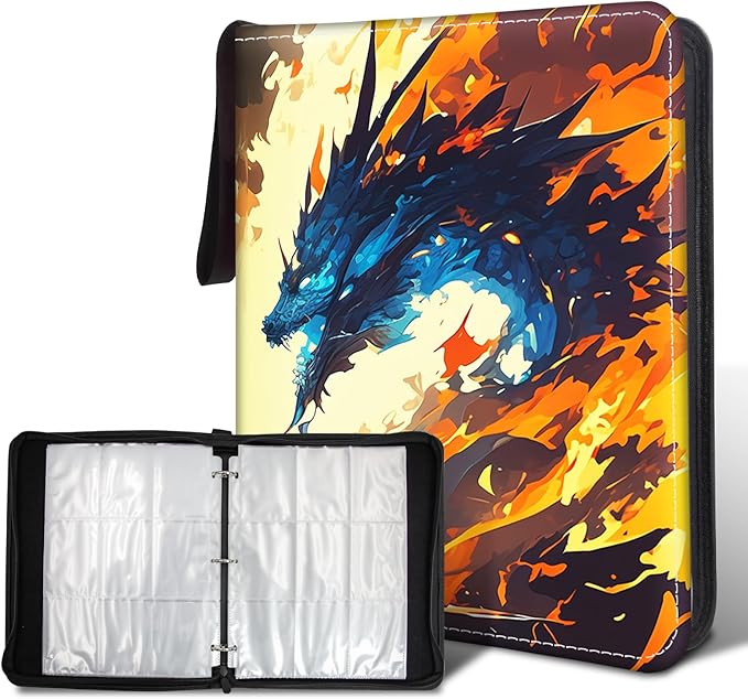 Trading Card Storage Album, Card Binder with 50 Durable 9-Pocket Pages, Ice Fire Dragon Design on Pocket Card Packs, Thanksgiving Christmas Gifts for Collectors, Zipper Closure Album