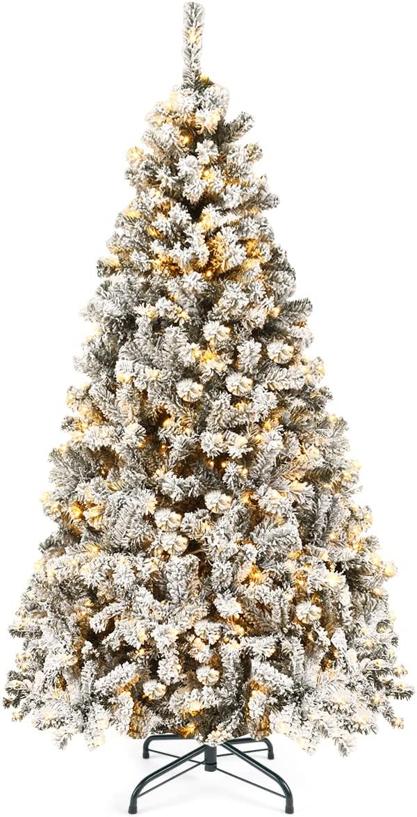Goplus 6ft Pre-Lit Artificial Christmas Tree, Premium PVC Snow Flocked Hinged Pine Tree with Metal Stand and LED Lights, Perfect Xmas Decoration for Indoor and Outdoor