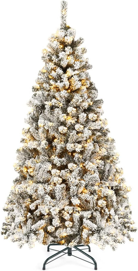 Goplus 6ft Pre-Lit Artificial Christmas Tree, Premium PVC Snow Flocked Hinged Pine Tree with Metal Stand and LED Lights, Perfect Xmas Decoration for Indoor and Outdoor