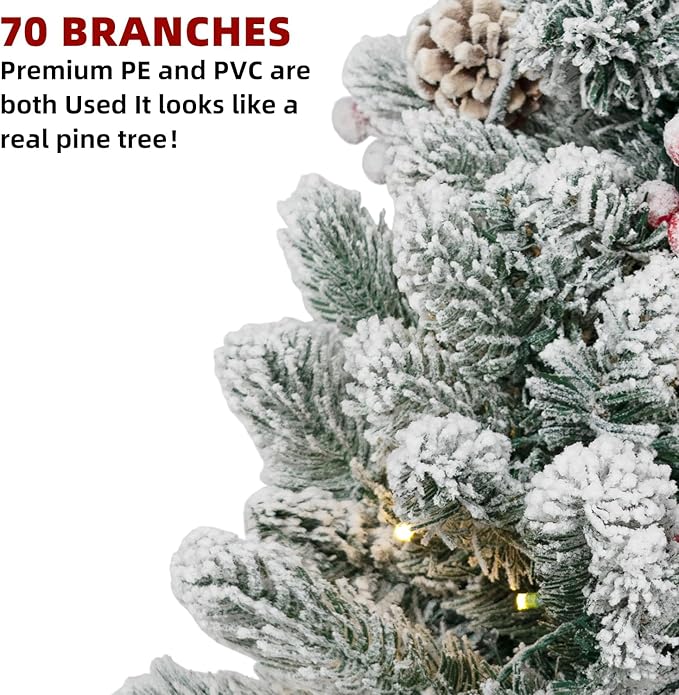 ININ 2FT Pre-lit Mini Christmas Snow Flocked Tree,Tabletop Artificial Christmas Tree with LED Lights, Small Xmas Pine Tree with Cloth Bag Base for Christmas Decor,12 Clusters Berry & 8 Pinecones