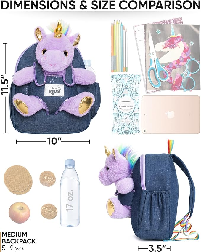 Naturally KIDS Medium Toddler Unicorn Backpack Age 3-9 (11’’h) w Detachable Purple Unicorn Toys for Girls Age 4-6, Gifts for 5 Year Old Girls