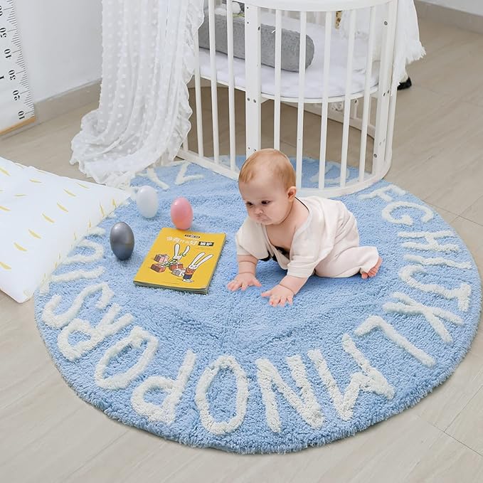 ABC Rug for Kids Room Circle Alphabet Nursery Rug for Baby Boy and Girl - Round Neutral Toddler Playroom Rug, Letter Learning Carpet 59 Inches