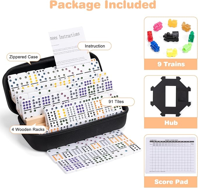 Mexican Train Double 12 Dominoes Set - 91 Tiles with 4 Wooden Trays & Travel Case, Family Board Game for Adults Kids Party Travel