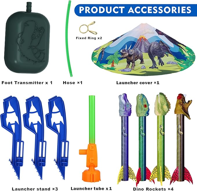 Dinosaur Toy Rocket Launcher for Kids - Launch Up to 100 Ft, 4 Rockets, Outdoor Outside Toys for Kids, Dinosaur Toys, Birthday Gifts for 3 4 5 6 7 8-12 Year Old Boys Girls
