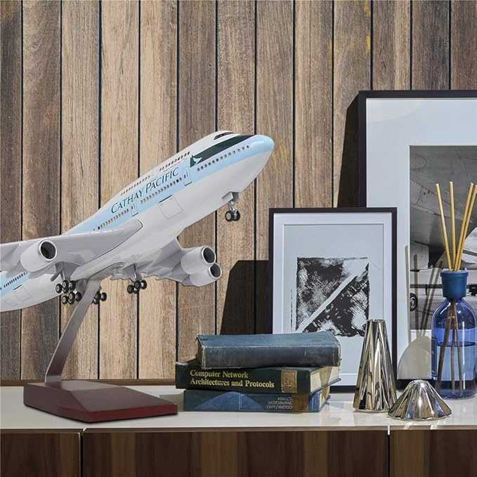 24-Hours 18” 1:130 Scale Model Airplane Private Jet Model HK Cathay Pacific B747 Planes Model Kits Display Diecast Airplane Model for Adults with LED Light(Touch or Sound Control)