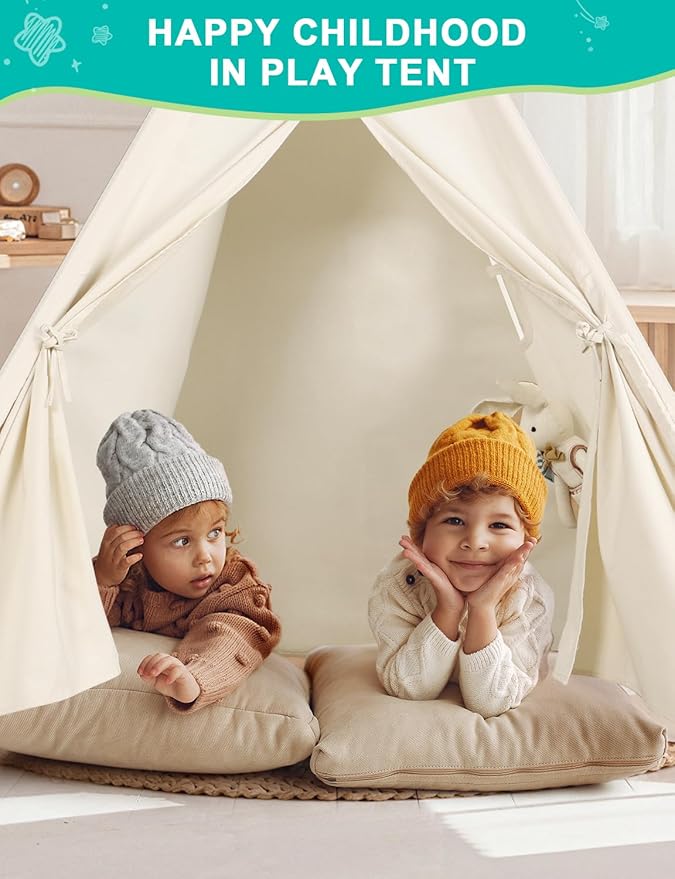 Sumbababy Teepee Tent for Kids Indoor - Natural Canvas Kids Play Tent - Washable Tipi Sleepover Tents with Lights & Carry Bag, Outdoor Toddler Tents for Girls & Boys - Foldable Playroom Gift Toys