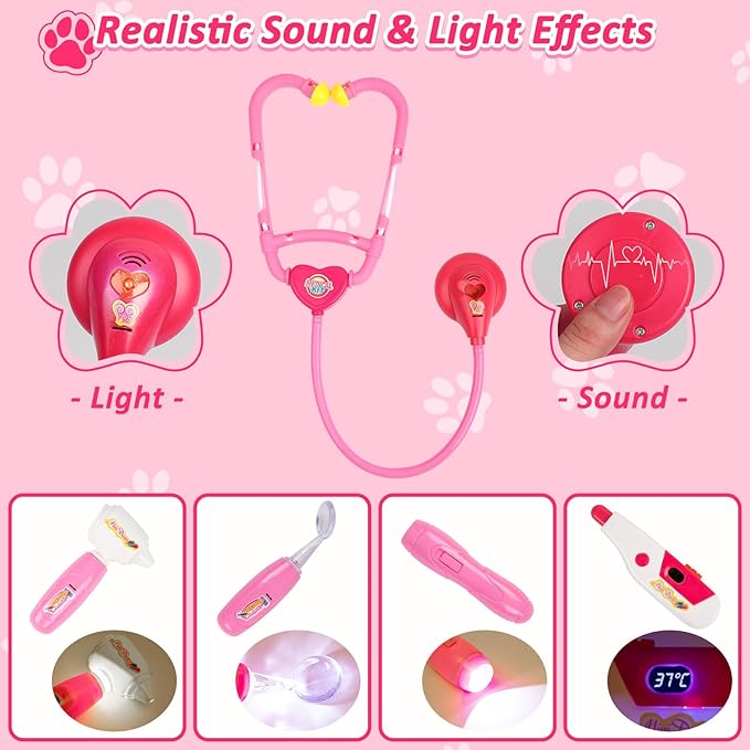 Liberry Doctor Kit for Toddlers Age 3 4 5 6, 26 Pcs Kids Doctor Playset with Dog Toy, Stethoscope and Dress Up Costume, Pretend Play Medical Gift for Girls, Pink