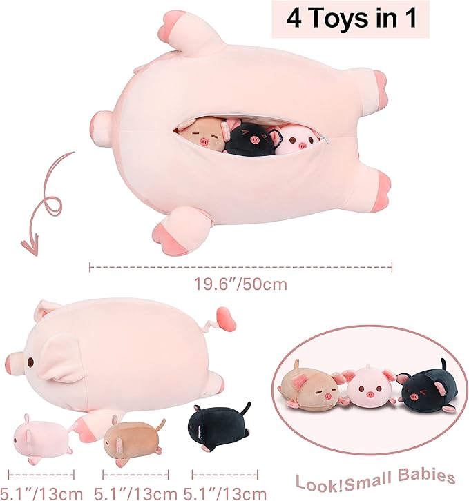 Achwishap Pig Stuffed Animal Mommy 19.6” with 3 Pig Plushies,4 PCS Cute Pig Plush Pillow,Kawaii Toys Soft Hugging Pillow for Kids Girls Boys Gifts(Pink Pig Family)