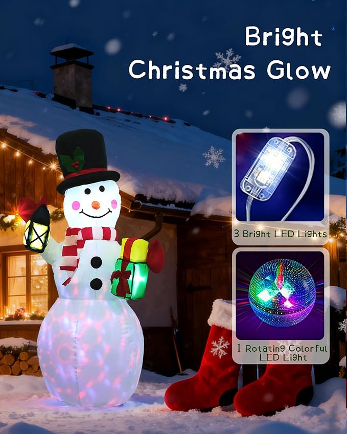 4FT Inflatable Christmas Snowman with Lantern, Blow Up Outdoor Navidad Decor with Built-in Rotating LED Lights for Lawn, Garden, Patio Holiday