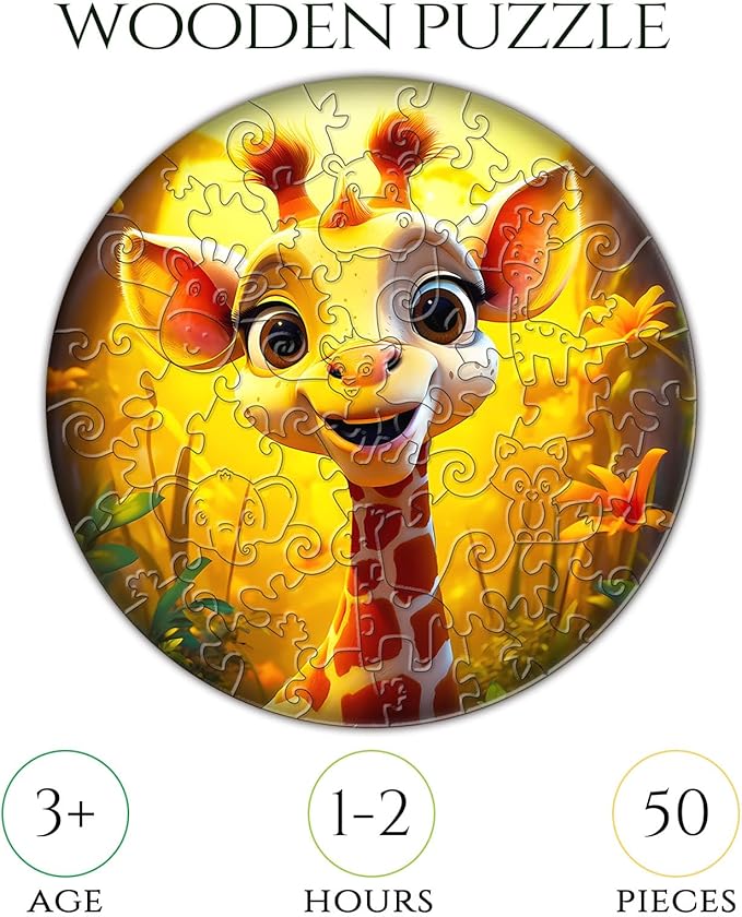 Christmas Birthday Gifts for Kids Girls Boys, Wooden Jigsaw Puzzles for Kids Ages 4-6, 50 Piece Unique Shape Animal Theme Puzzle - Preschool Learning Educational Toys for Kid 3+ (Giraffe)