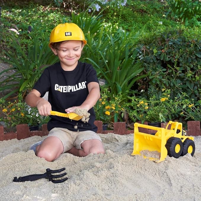 CAT Construction Toys, Front Loader Sand Set - 10" Loader, Hard Hat, & 3 Sand Tools - Kids Beach Toys And Outdoor Play