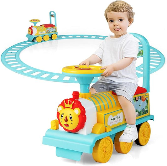 OLAKIDS Kids Ride On Train with Track, 6V Electric Toy with Lights and Sounds, Retractable Footrest, Under Seat Storage, Christmas Theme Battery Powered Gift for Toddlers Boys Girls (Lion)