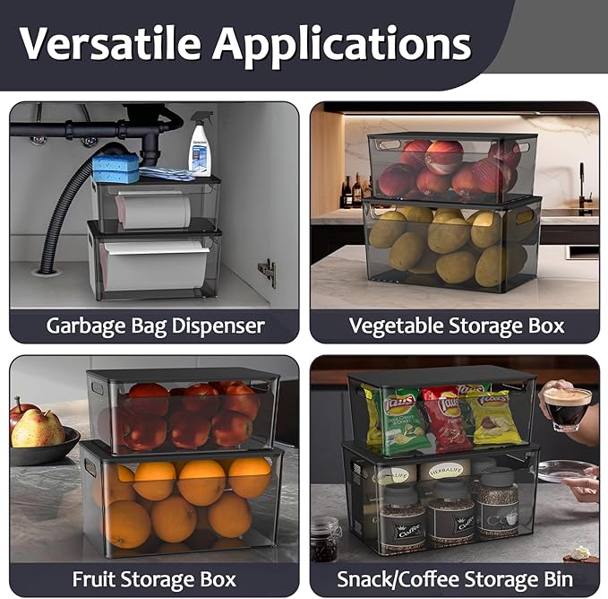 2 Pack Trash Bag Holder Under Sink Stackable, Plastic Garbage Bag Dispenser with Lid, Trash Bag Storage Dispenser Roll Holder for Kitchen, Pantry, Laundry Room Organization (Black)