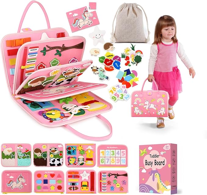 Toddler Sensory Busy Board: Travel Toy Activity Book for Girls Boys, Motor Skill Development Gift for Baby Aged 3-4 Years, Fine Educational Preschool Montessori Learning Toy for Car Airplane Unicorn