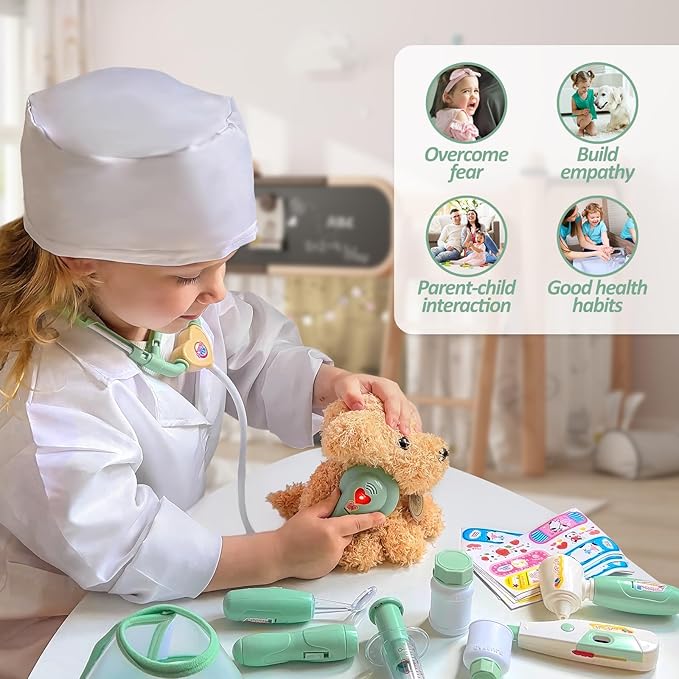 Liberry Doctor Kit for Toddlers 3 4 5 6 Years Old, 26 Pcs Kids Doctor Playset with Dog Toy, Stethoscope and Dress Up Costume, Pretend Play Medical Gift for Boys Girls (Green)