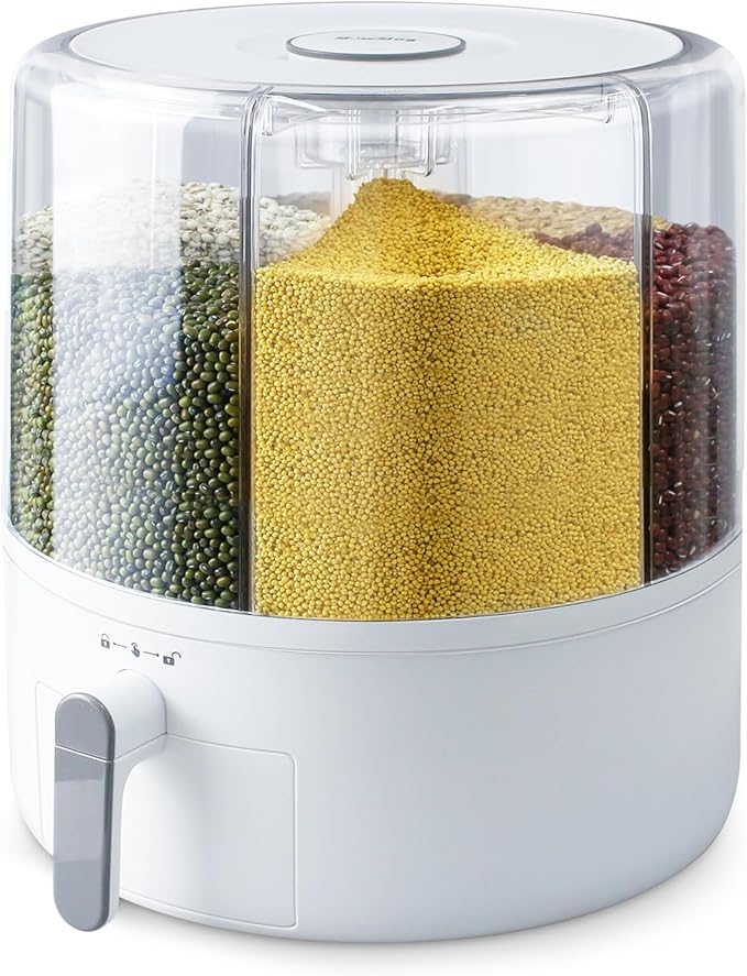 16lb Grain Dispenser 6 Grid Grain Container, 360° Rotating Dry Food Dispenser, Airtight Storage, Upgrade 6 Compartment Rotating Grain Dispenser Storage Container