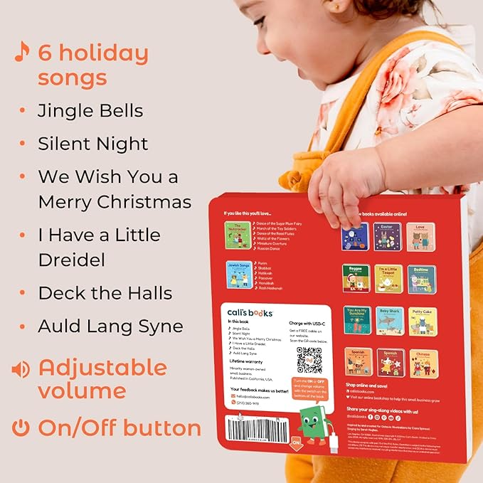 Cali's Books Jingle Bells USB-C Rechargeable Christmas Musical Book - Toddler Interactive Christmas Books for Kids and Babies - Sound Books for Toddlers 1-3 - Baby
