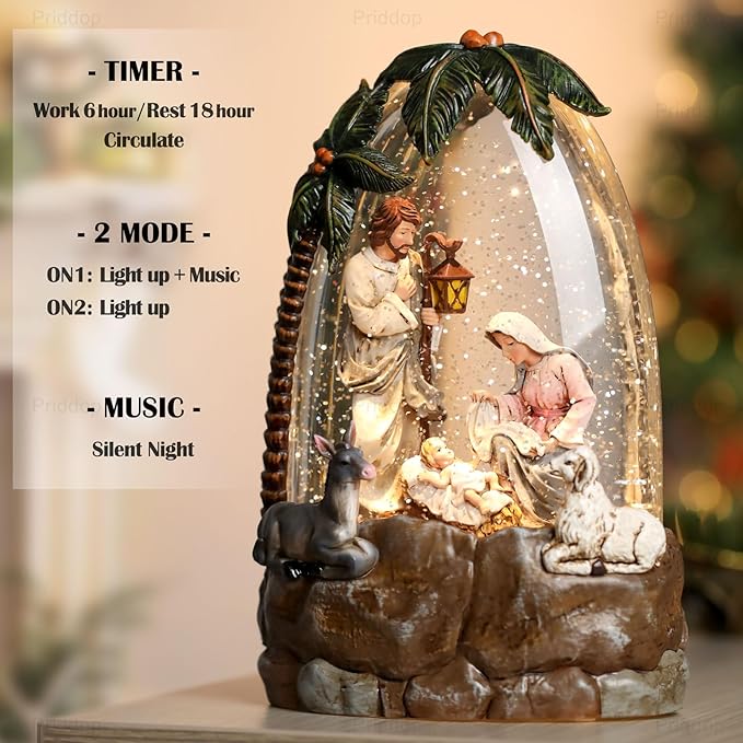 Nativity Snow Globe Christmas Decorations Gifts Nativity Scene Sheep Donkey Musical Glitter Snowfall USB/Battery Timer 8.8 inch