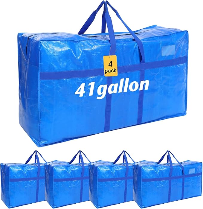 Windyun 4 Pack 41 Gallon Extra Large Storage Bags XXL Moving Bags with Zipper Handles Heavy Duty Jumbo Big Totes Box for Halloween Skeleton 4-12 Feet Christmas Tree Storage College Dorm Cloth (Blue)