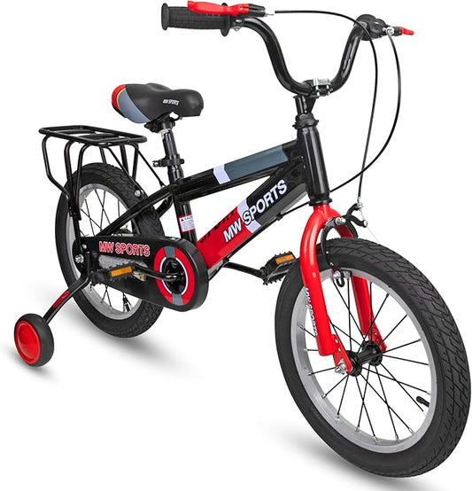 Slippery Racer MW Sports 16 inch Kids Bike with Removable Training Wheels, Hand Brakes and Back Relay Rack for Ages 4-6 Years.