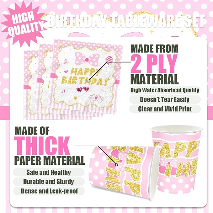 168pcs Pink Mouse Party Supplies Cartoon Mouse Birthday Decorations Paper Plates and Napkins Tableware Set for Girls 1st 2nd 3rd 4th 5th Birthday Party Supplies 24 Guests