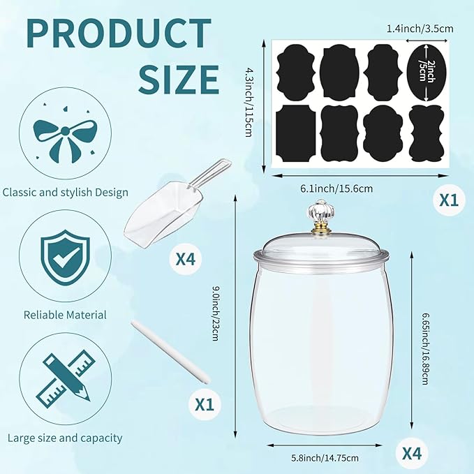 4 Pcs 64 oz Candy and Cookie Jar with Lids 4 Spoons Plastic Jars Decorative Apothecary Jars Candy Buffet Containers Clear Can Airtight Food Storage Canister for Home Decoration Supplies