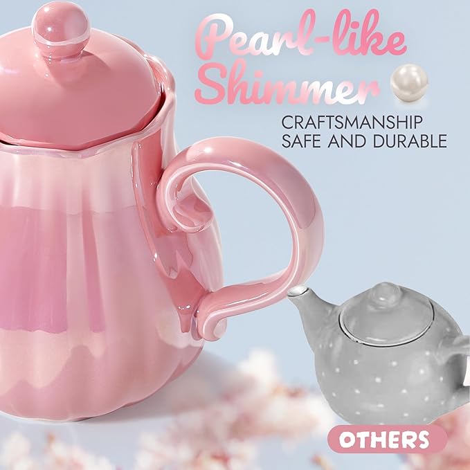 Giant bean Porcelain Tea Set, Pearl Pink Real Tea Party Set for Little Girls, British Royal Princess Series Teapot & Cup & Saucer & Sugar Bowl & Suitcase, for Little Kids Toddlers